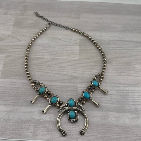 Sterling Silver Squash Blossom Necklace with Turquoise, Signed AW - Picture 8 of 13